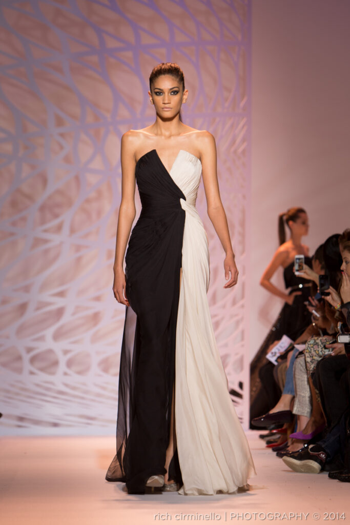 Model wearing a black and white Zuhair Murad gown at Paris Haute Couture Fashion Week 2014, photographed by Rich Cirminello.