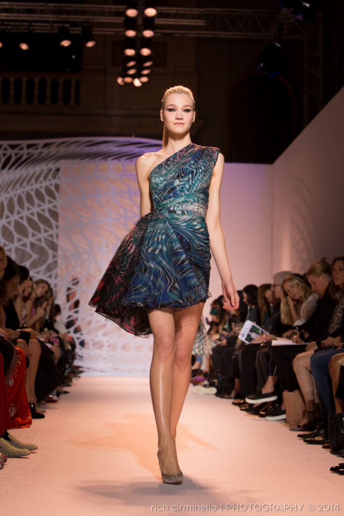Model in a one-shoulder multicolored Zuhair Murad cocktail dress at Paris Haute Couture Fashion Week 2014, photographed by Dallas-based photographer Rich Cirminello