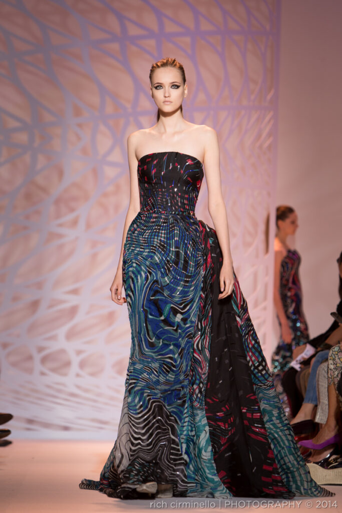 Model in a strapless Zuhair Murad gown with abstract patterns at Paris Haute Couture Fashion Week 2014, photographed by Rich Cirminello