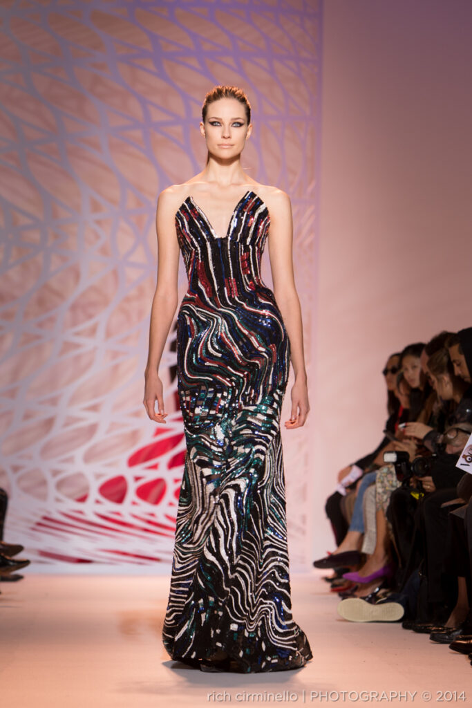 Model in multicolored Zuhair Murad gown at Paris Haute Couture Fashion Week 2014, photographed by Dallas-based fashion photographer Rich Cirminello.