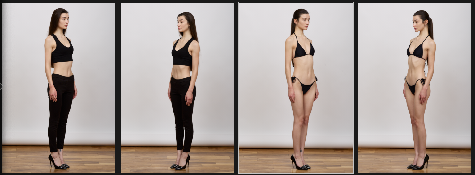 Screenshot 2026-02-26 at 1.09.52 AM four panel of modeling digitals; female model two photos in jeans and tank, two bikini shots